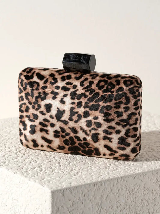 leopard print clutch bag with black resin closure