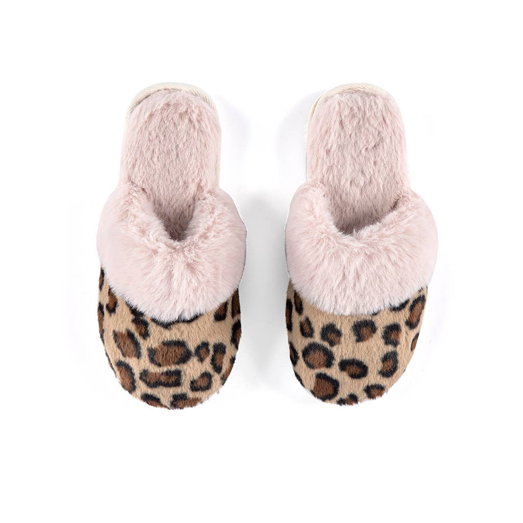 Leopard print faux fur slippers with soft pink plush fur collar — top view showing slide-on style against a white background