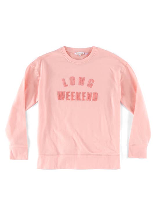 Long Weekend pink graphic sweatshirt in soft rose with tonal chenille lettering — flat lay front view against a white background