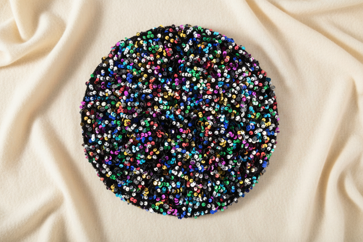 Flat lay top view of multicolor sequin beret showing dense rainbow sequin coverage laying on an ivory fabric surface