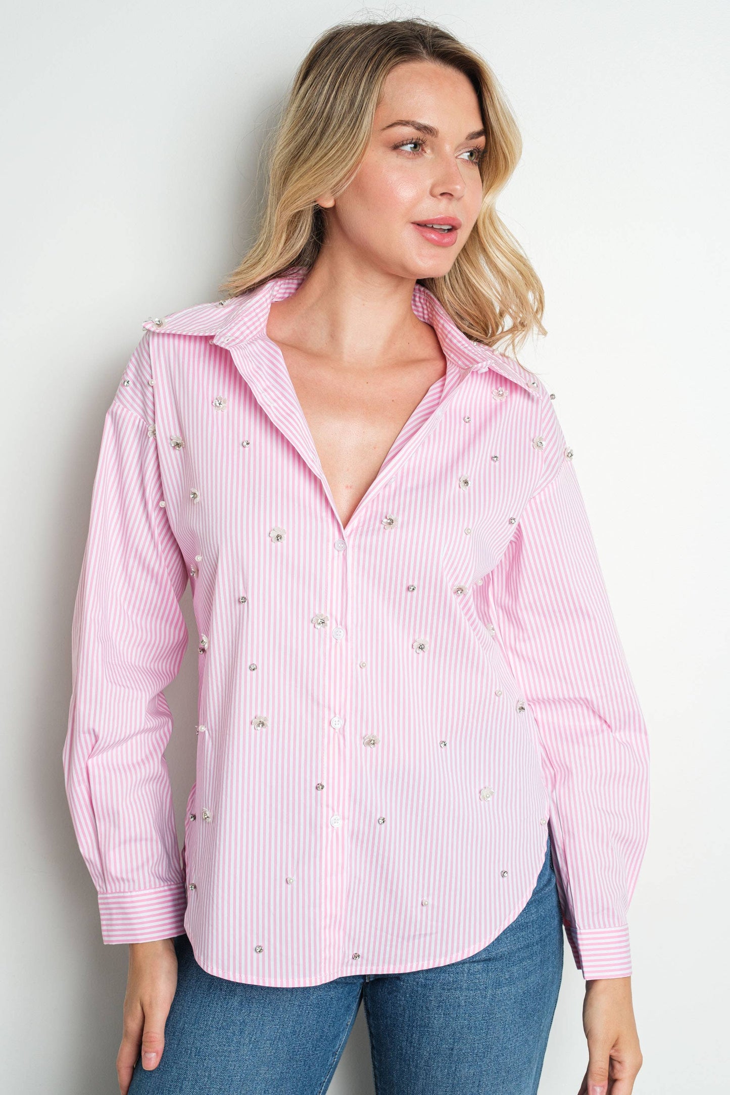 Pink rhinestone bead embellished button blouse