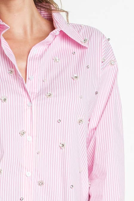 Pink rhinestone bead embellished button blouse
