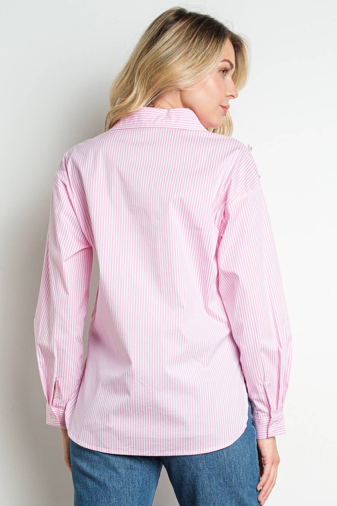 Back view of pink stripe button down Blouse