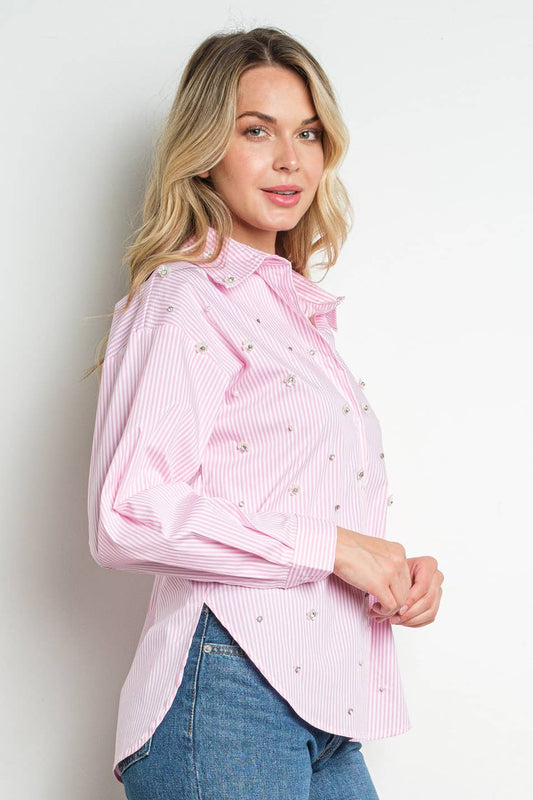 Pink rhinestone bead embellished button blouse