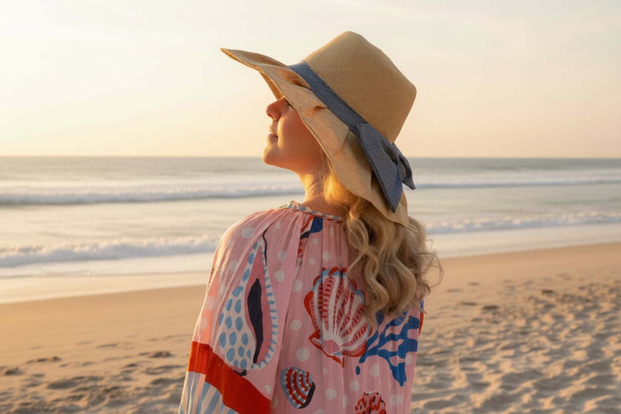 a woman with blonde hair and pink and blue ocean themed dress with tan pleated raffia sun hat with blue raffia bow in a beach setting
