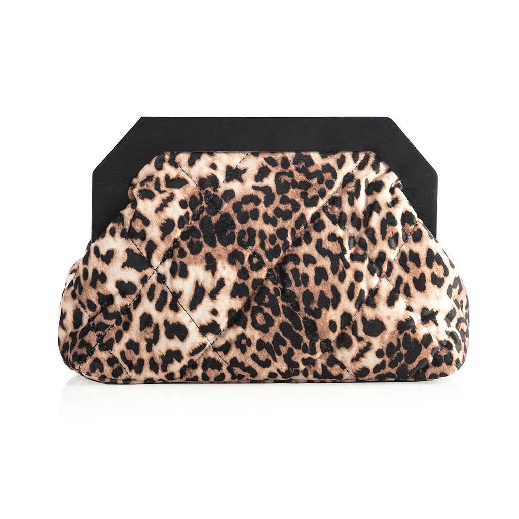 Quilted leopard print clutch bag with structured black wood frame — front view