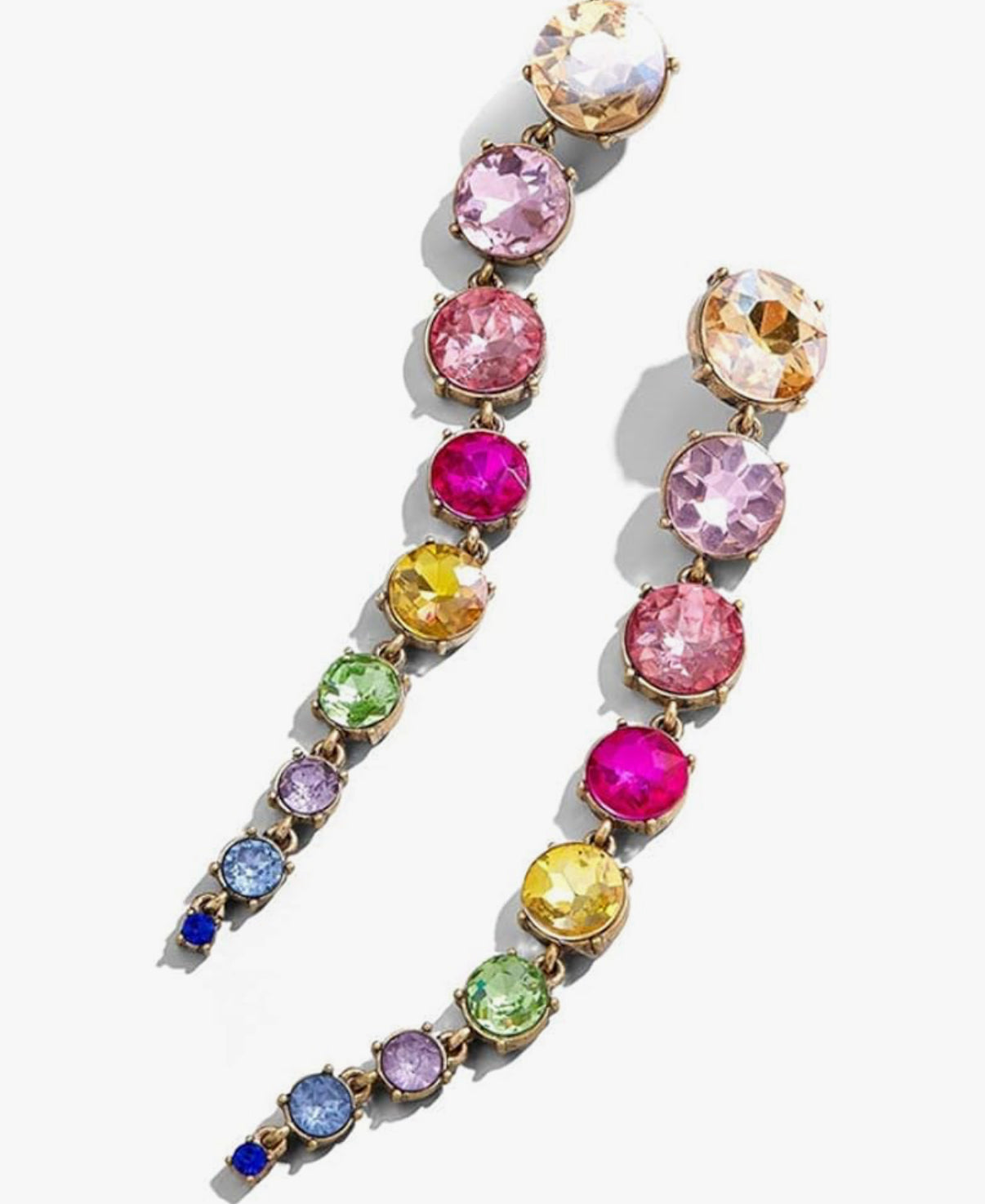 a pair of rainbow crystal drop earrings with round cubic zirconia stones against a white background
