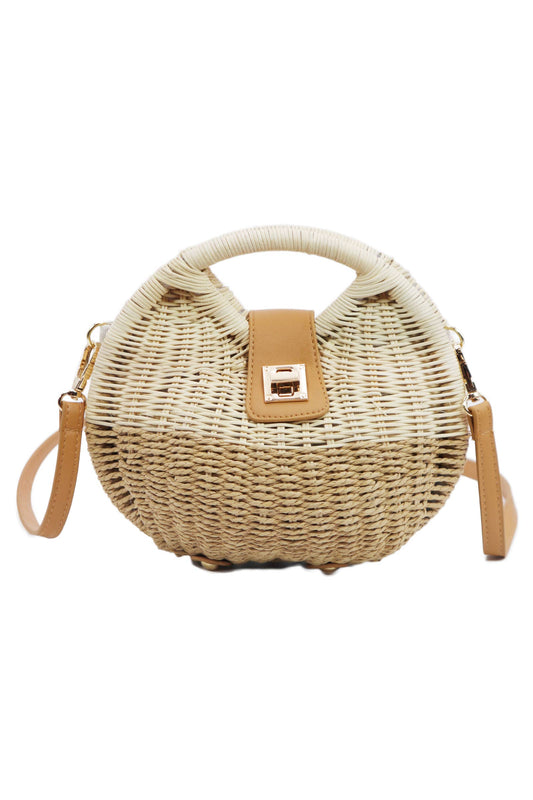 tan woven cross body bag with gold hardware and cross body strap