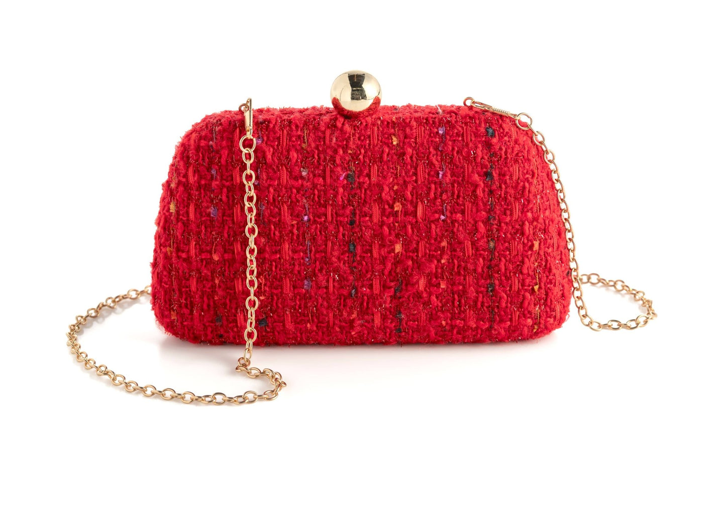 red tweed clutch with gold chain strap and gold hardware closure against a white background