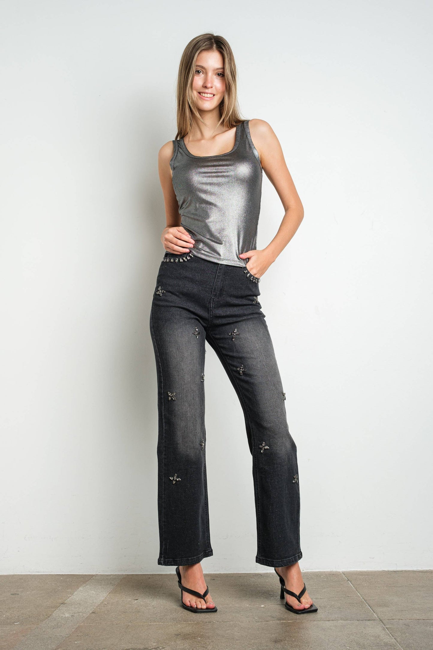 Rhinestone Embellished Stretch Jeans, Washed Black