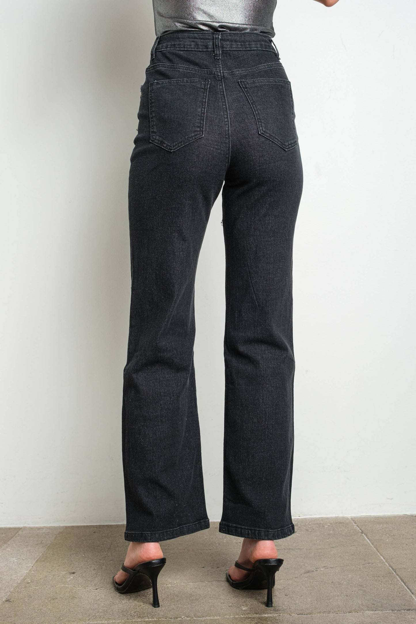 Rhinestone Embellished Stretch Jeans, Washed Black