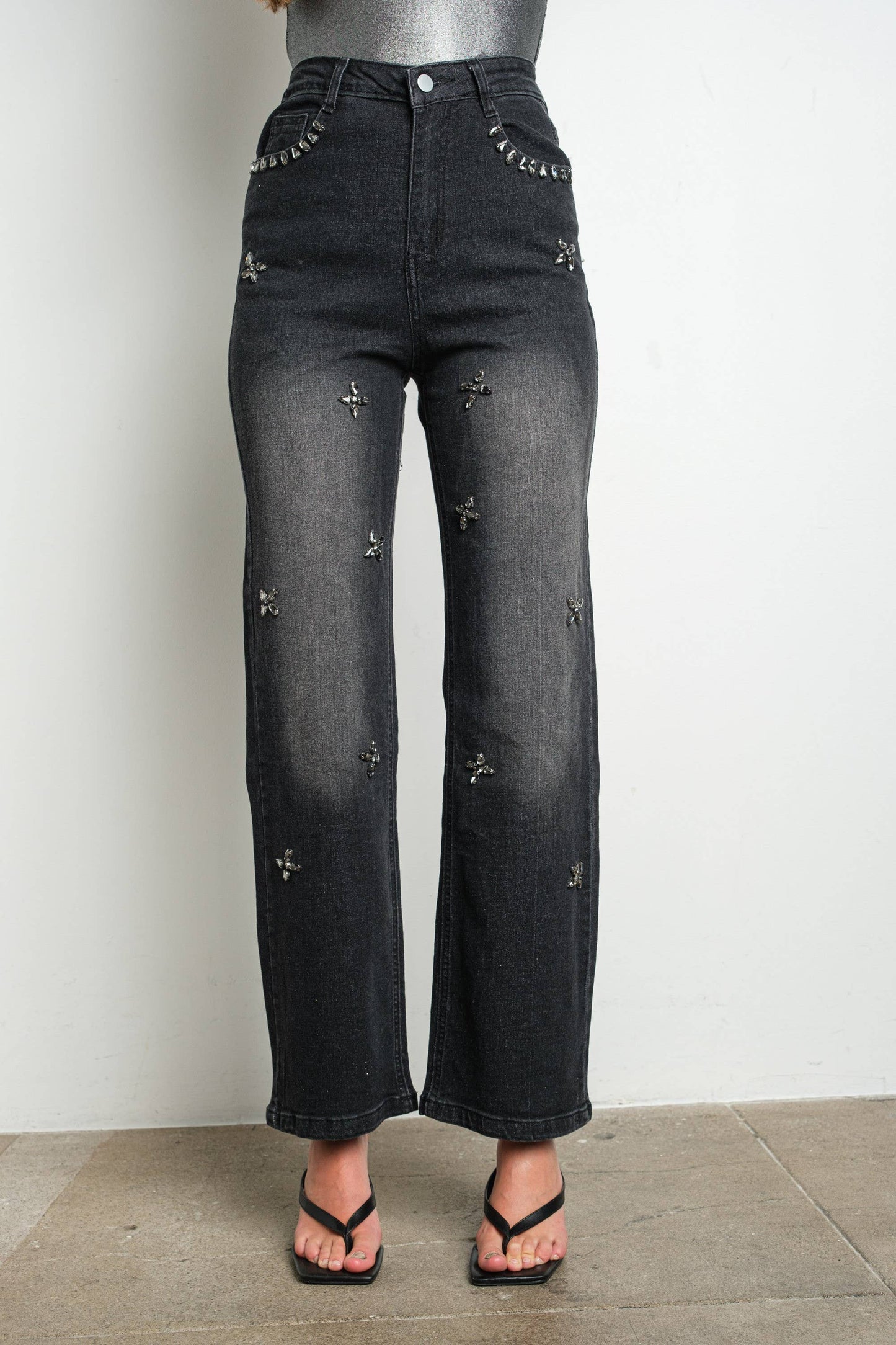 Rhinestone Embellished Stretch Jeans, Washed Black