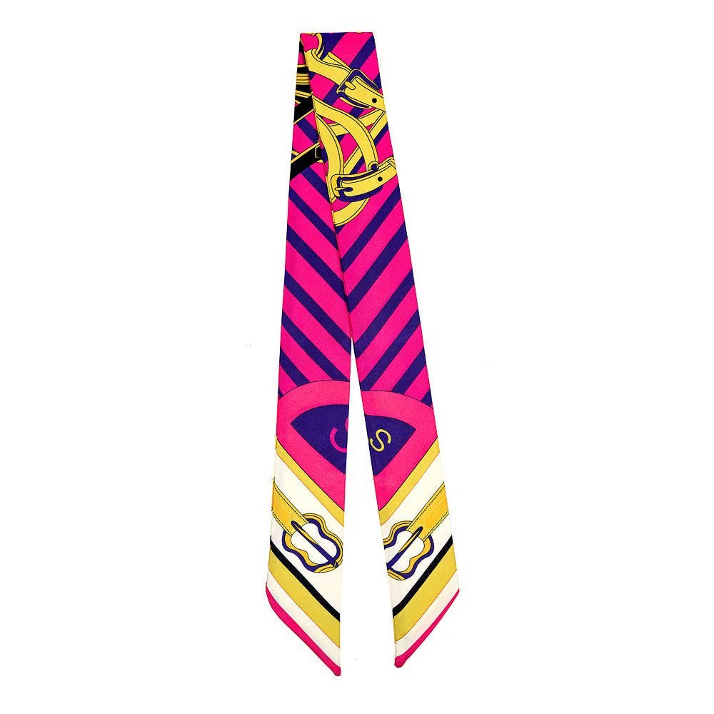 Colorful pink and blue striped scarf with geometric pattern on a white background