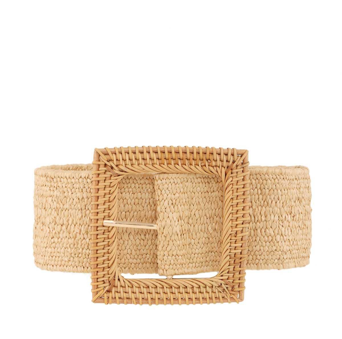 large rattan wrapped square buckle stretchy elastic belt
