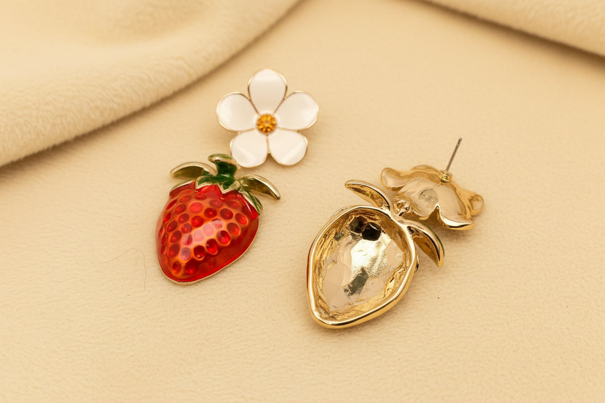 front and back view of a pair of strawberry and daisy themed earrings laying on a grey background