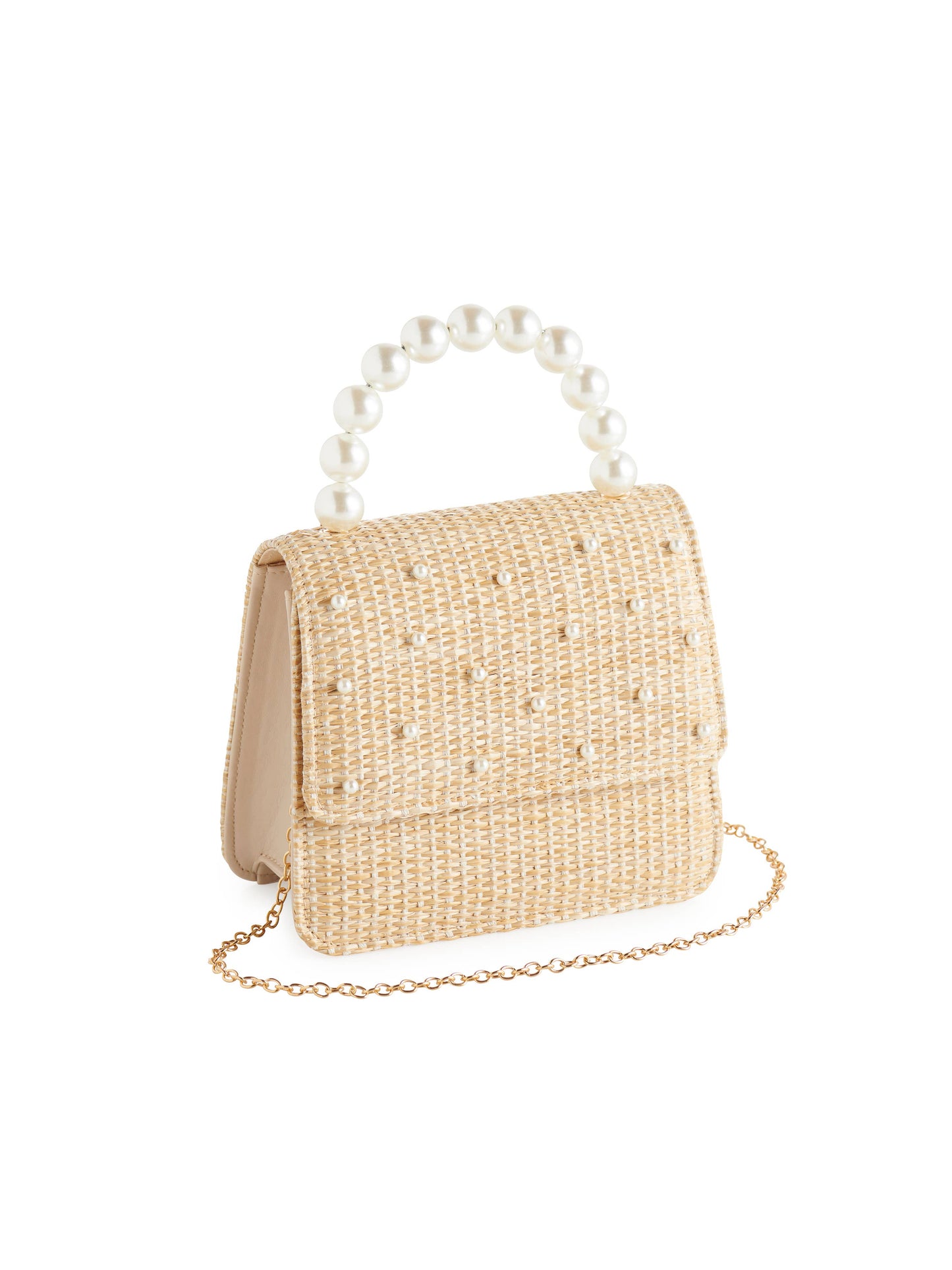 raffia bag with faux pearls and pearl handle with gold shoulder chain
