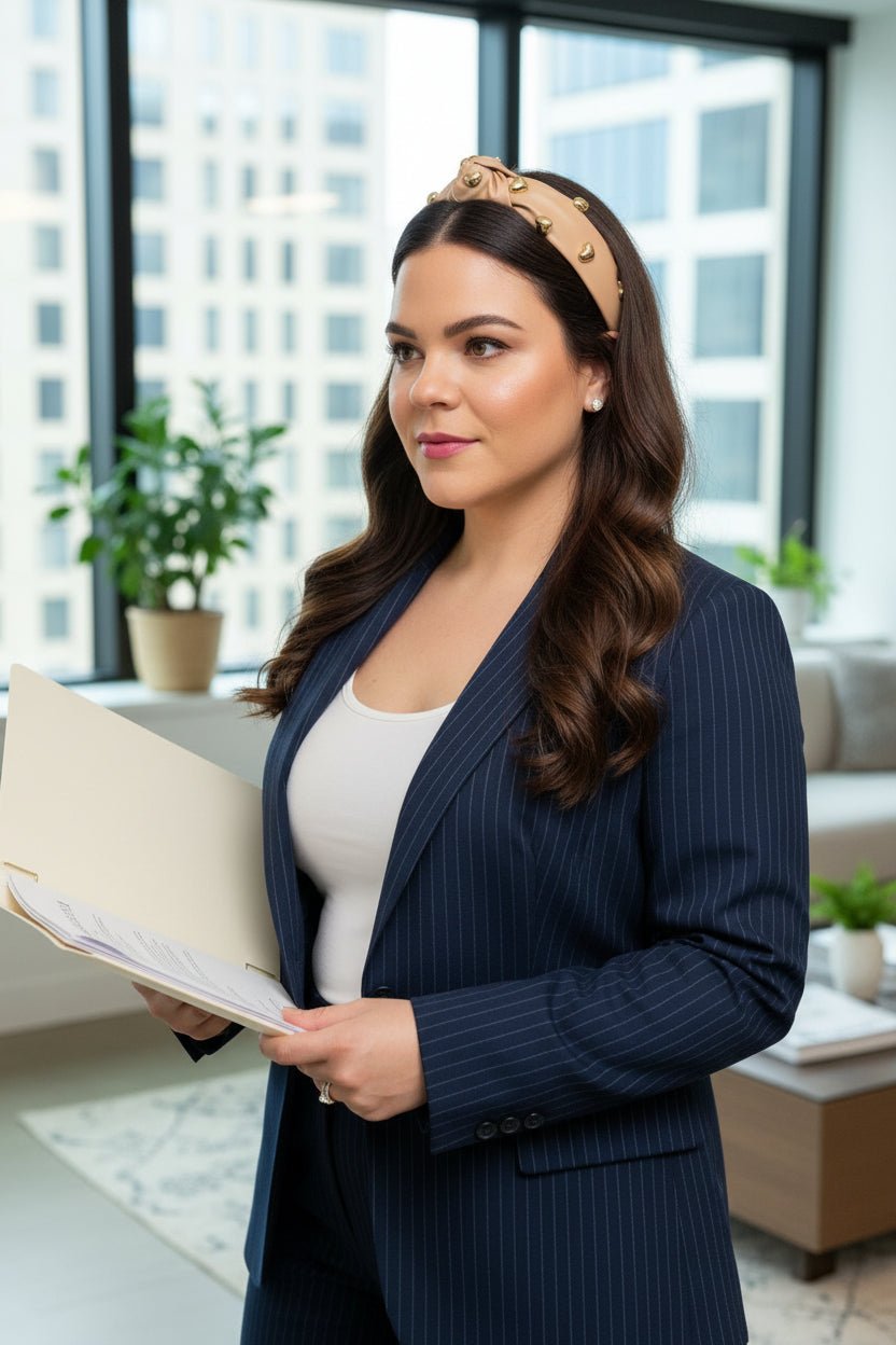 a brunette woman wearing a tan vegan leather headband with gold heart embellishment in an office setting