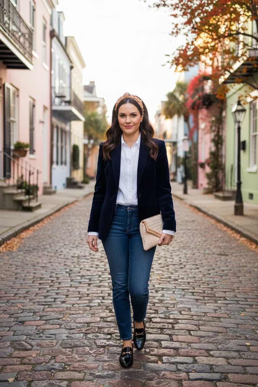 Woman in a navy blazer, jeans, and tan vegan leather headband walking on a cobblestone street in an urban setting