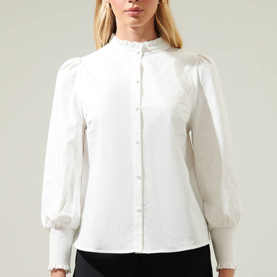 Kate Ruffle Button Down Blouse, White