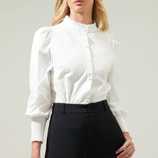Kate Ruffle Button Down Blouse, White