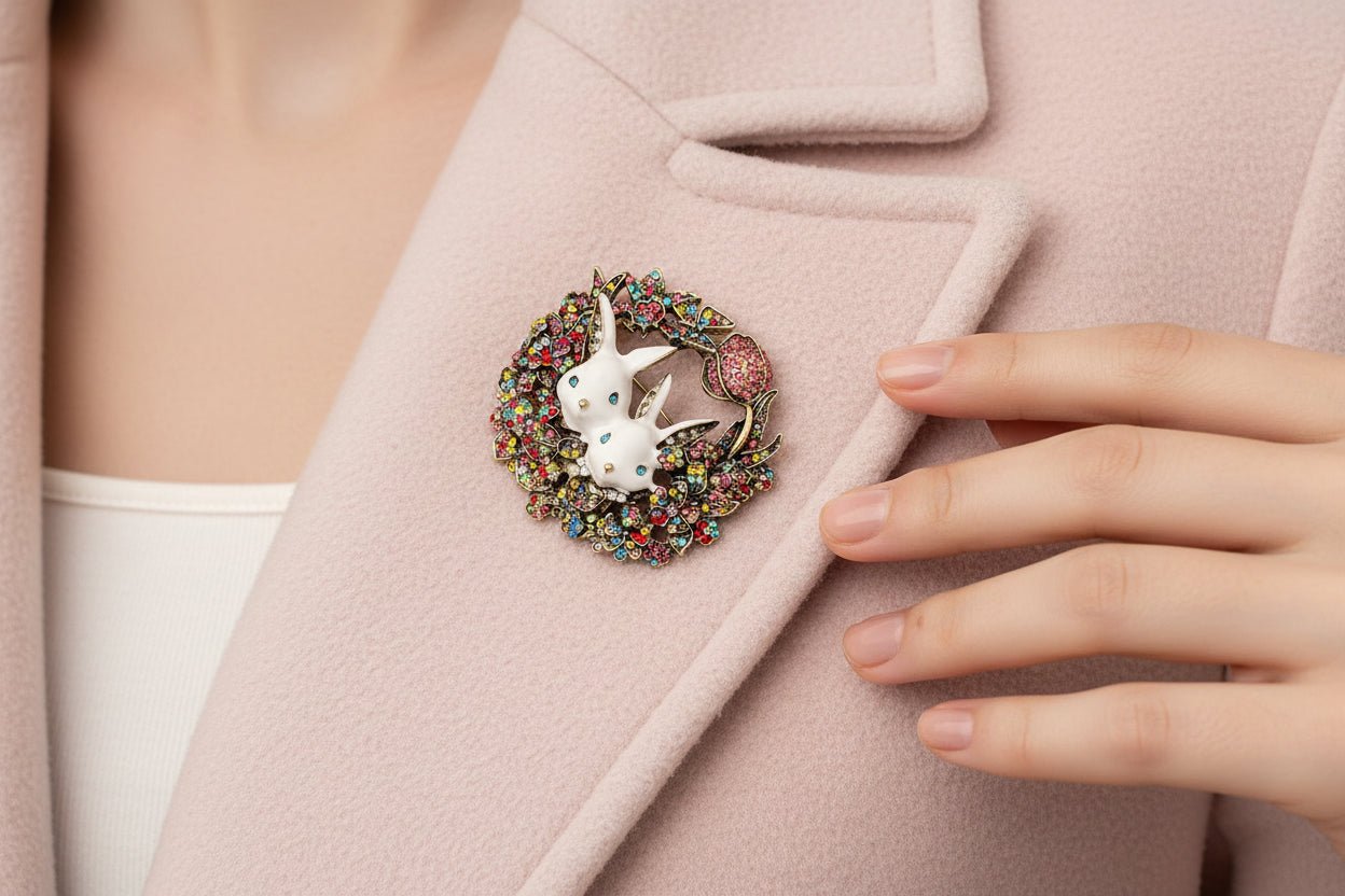 Decorative brooch with a rabbit design surrounded by colorful gemstones on a light pink coat lapel near a woman's hand