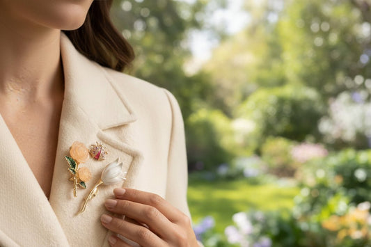 Brooch Sets including a woman wearing an ivory coat with 3 brooches: rose, tulip, and lady bug in an outdoor setting