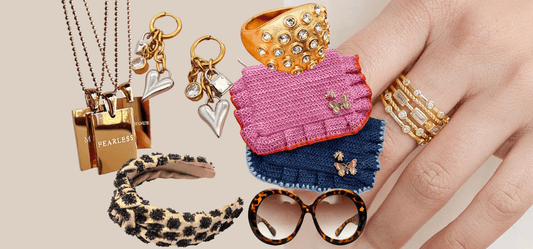 A collage image of the Best Gifts for Women Under $100 including earrings, necklaces, a headband, sunglasses, and woven pouches from JuJu Loves