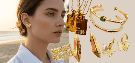 Best gold jewelry under $100 including various earrings, bracelets, a necklaces, and a ring from JuJu Loves