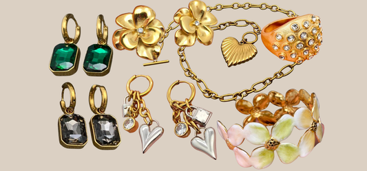 Best jewelry for petite women including earrings, a necklace, bracelet, and ring from JuJu Loves