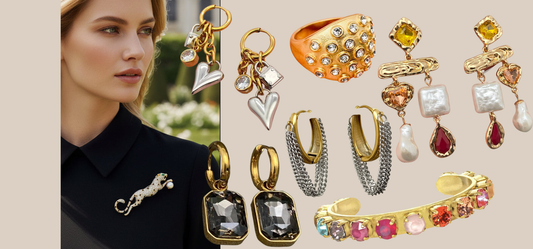 Best jewelry for a black dress including various earrings, a brooch, a ring, and a bracelet from JuJu Loves