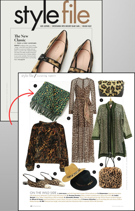 Charleston Magazine Style File featuring a green leopard print scarf from JuJu Loves
