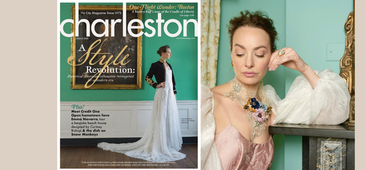 Charleston Magazine Revolutionary Style feature with a woman wearing a lace floral necklace, gold earrings, and a baroque pearl ring from JuJu Loves