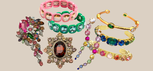 Colorful crystal jewelry including brooches, earrings, and various bracelets from JuJu Loves