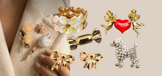 Coquette accessories including floral, candy, cherub, and poodle brooches, earrings, and a floral cuff bracelet