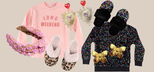 Cozy loungewear including sweatshirts, earrings, slippers, and headbands from JuJu Loves