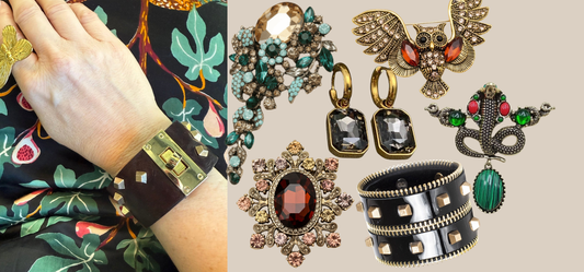Dark and Moody Jewelry for Autumn including leather bracelets, brooches, and earrings from JuJu Loves