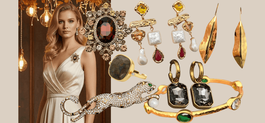 Fall wedding guest accessories including brooches, earrings, a ring, and a bracelet from JuJu Loves