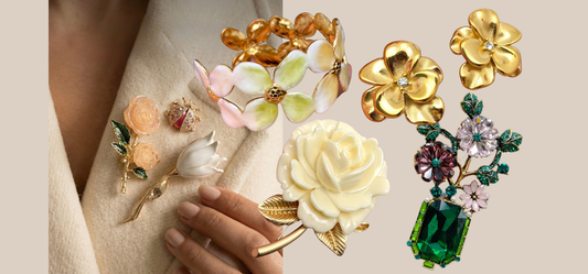 Garden Party Accessories featuring brooches, floral cuff bracelet, and earrings from JuJu Loves