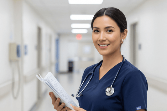 A nurse in blue scrubs wearing gold crystal hoop earrings in a hospital setting