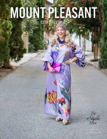 A woman in a lavender floral dress on the cover of Mount Pleasant City Lifestyle Magazine