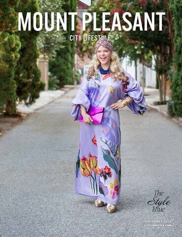 A woman in a lavender floral dress on the cover of Mount Pleasant City Lifestyle Magazine