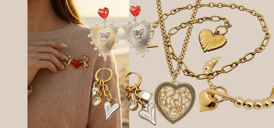 Heart jewelry beyond Valentine's Day including earrings, necklaces, a bracelet, and a brooch from JuJu Loves