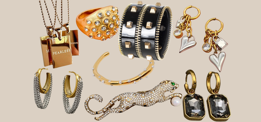 How to mix metals for fall and holiday including various earrings, a necklace, bracelets, a brooch, and a ring from JuJu Loves