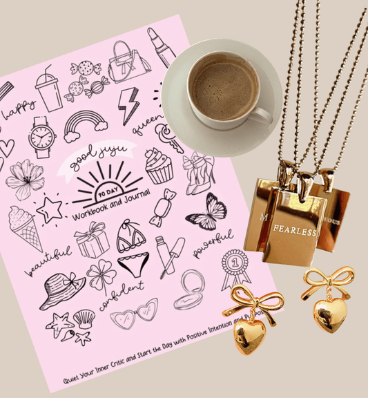 Morning Routine for Confidence featuring a collage image of the Good JuJu 90 Day Workbook, coffee cup, necklace with "fearless" engraved on it, and earrings