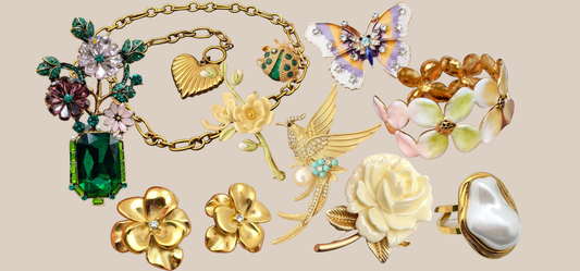 Mother's Day Jewelry including brooches, earrings, a necklace, a cuff, and a ring from JuJu Loves