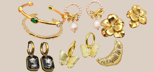 The Quiet Luxury Aesthetic including earrings, bracelets, and a brooch from JuJu Loves