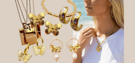 Clean girl aesthetic including earrings, necklaces, and a bracelet from JuJu Loves