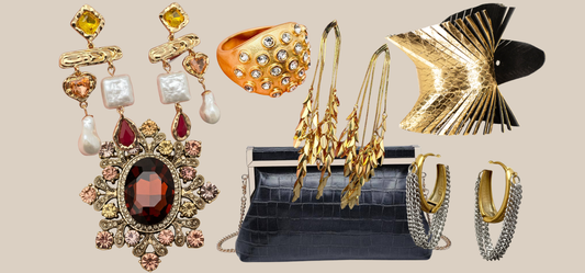 Fall cocktail accessories including earrings, a ring, a brooch, a bracelet, and a purse from JuJu Loves