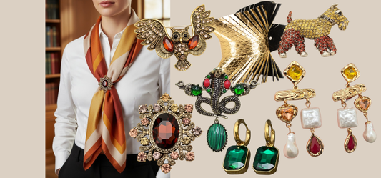 The Fall Edit: Cognac, Emerald, Jewel Tones featuring brooches, earrings, and bracelets from JuJu Loves