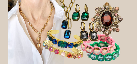 Crystal gemstone jewelry collection featuring faceted huggie earrings, pendant necklaces, crystal cuffs, and brooches from JuJu Loves